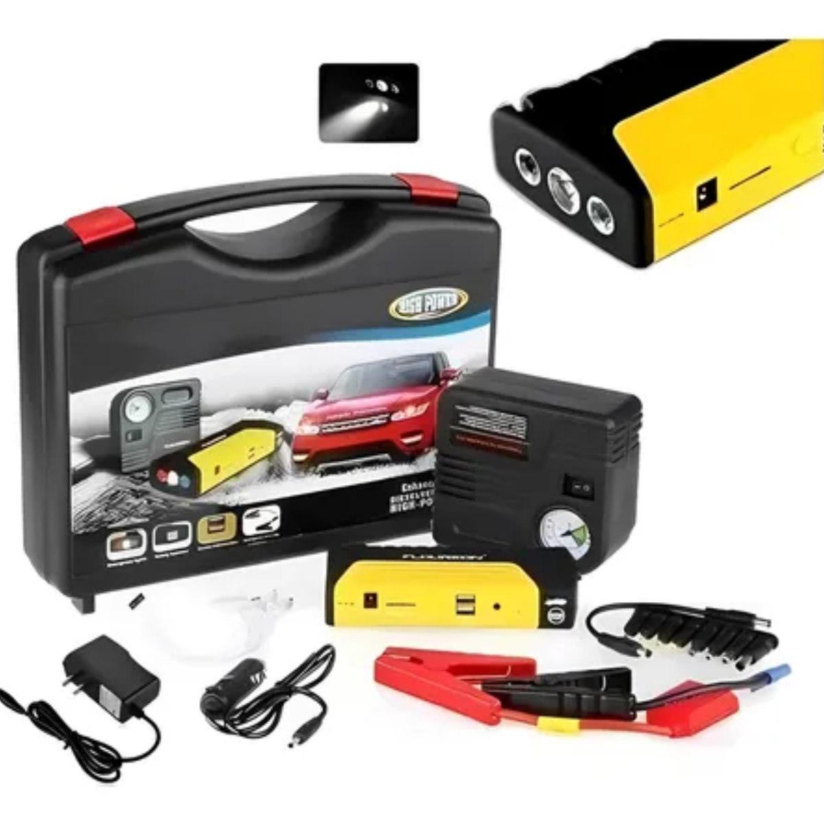 Iniciador Arrancador de Baterías para Carro y Moto con Compresor y Linterna – Potencia y Seguridad en Emergencias